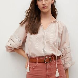 Mango Cotton Linen Blouse Embroidered New